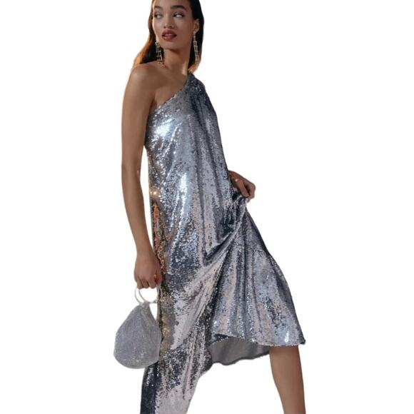 Anthropologie x Maeve One Off The Shoulder Silver Sequin Trumpet Dress Size XL - Picture 4 of 16